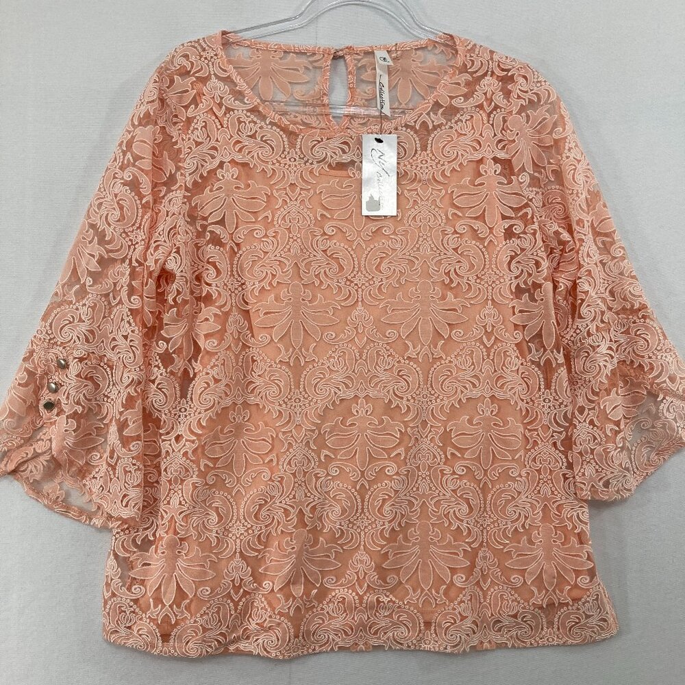 NWT NY‎ Collection Top Large Light Coral Floral Lace Layered Blouse Feminine